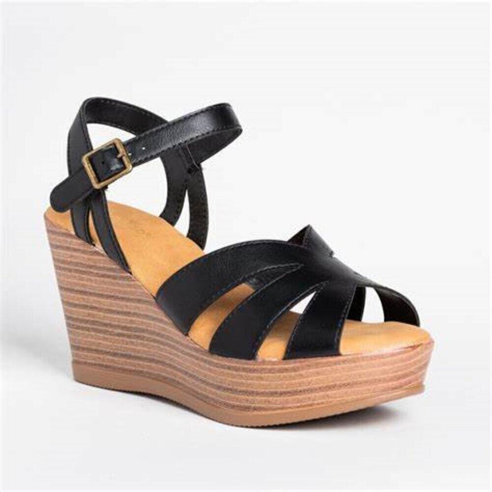 Bamboo Y2K Black Tan Wedge Sandals 6.5 EUC